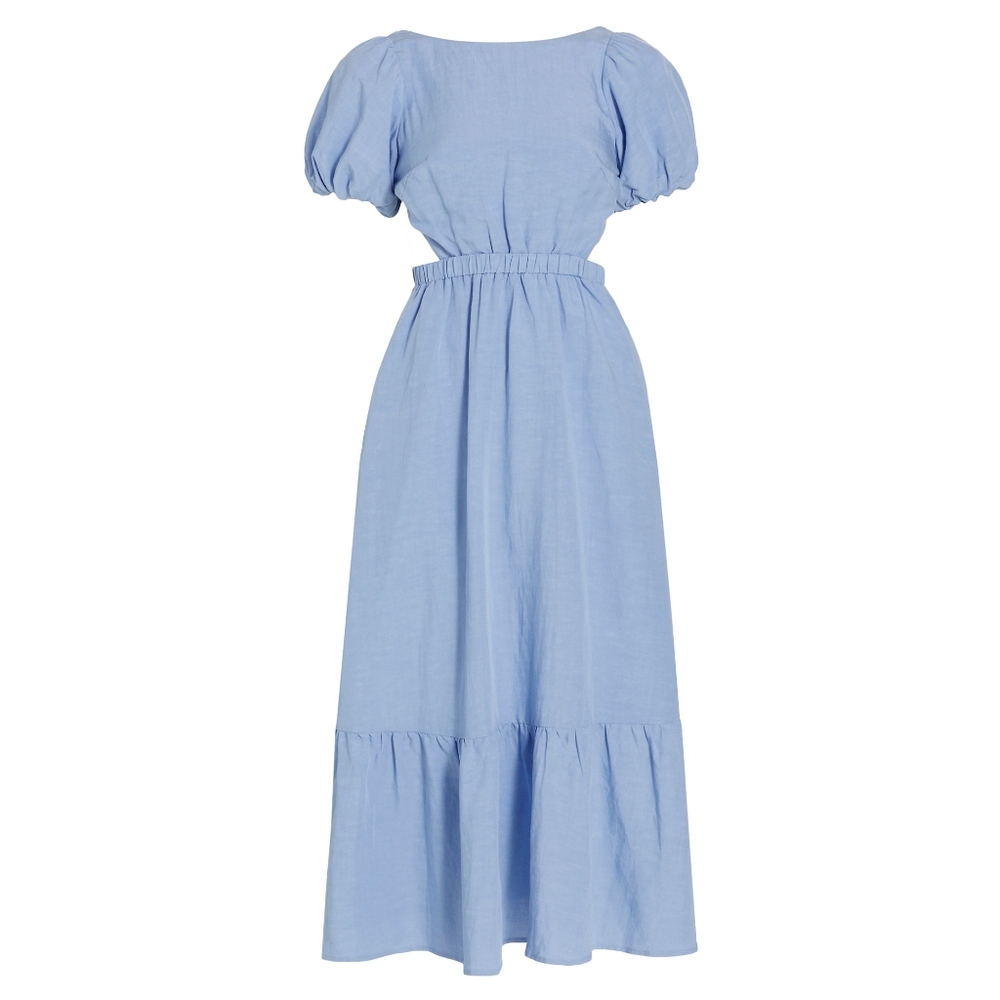 NEW ASTR the Label Light Blue Jelena Puff Sleeve Back Cutout Midi Dress XS - Picture 8 of 8